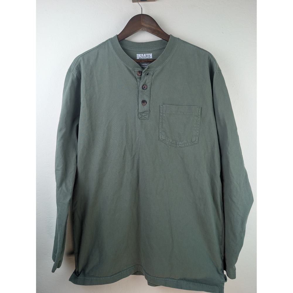 Duluth Trading Co Longtail T Relaxed Fit Henley Shirt Green Mens M 3237-52
